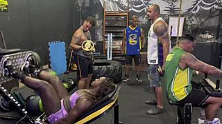 Wow! Fernanda Chocolate takes on 4 huge cocks in gym, giving pussy and anal with cum on face!