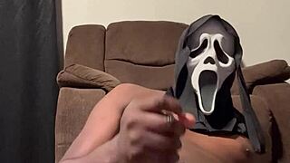 Big dick amateur masturbates and cumshots while watching scary movies