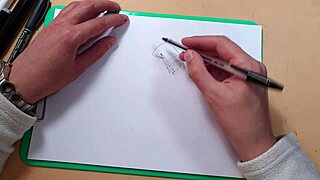 Two stunning girls engage in a fast-paced drawing session with a ballpoint pen