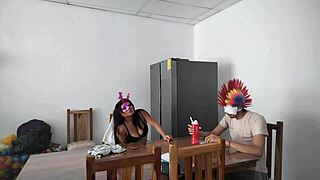 Latina maid teases with dildo while serving blind man at home! 😍
