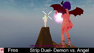 Demon vs angel in a wild strip duel game. Clothes get ripped in erotic clash!