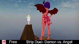 Demon vs angel in a wild strip duel game. Clothes get ripped in erotic clash!