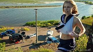 hey, watch this spunky teen strip naked outdoors for the shoot