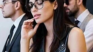 Bored business bitch dives into public leather-clad muff action