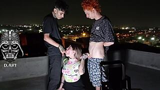 Yo, check this young blonde giving it to two hung guys on the roof!