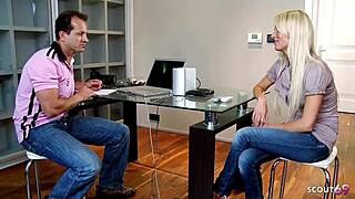 Hey, watch this blonde fit model with perfect body take double loads from older guy