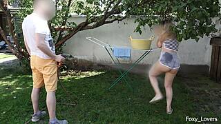 Girlfriend hangs laundry in shorts i spray her and things get wild
